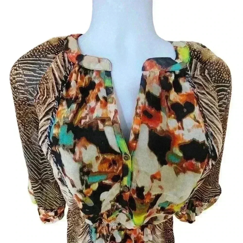 Calvin Klein Multicolor Printed Long Sleeve Top Blouse Womens Size Large - Picture 2 of 11